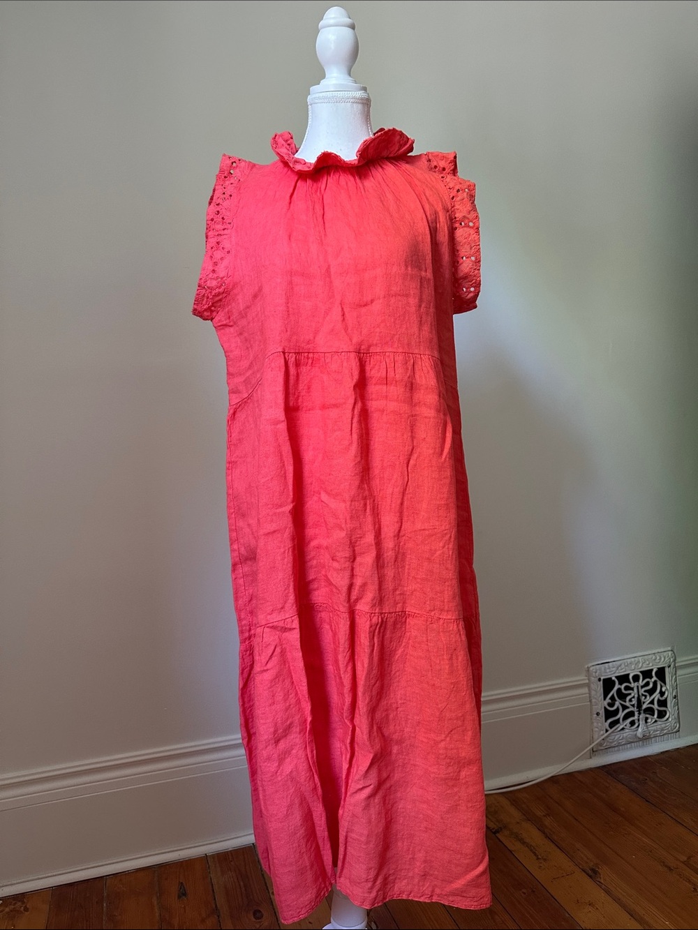 VALENTINA NALDI 100% Linen Pink Tiered Ruffle Beach‎ Vacation Midi Dress Large